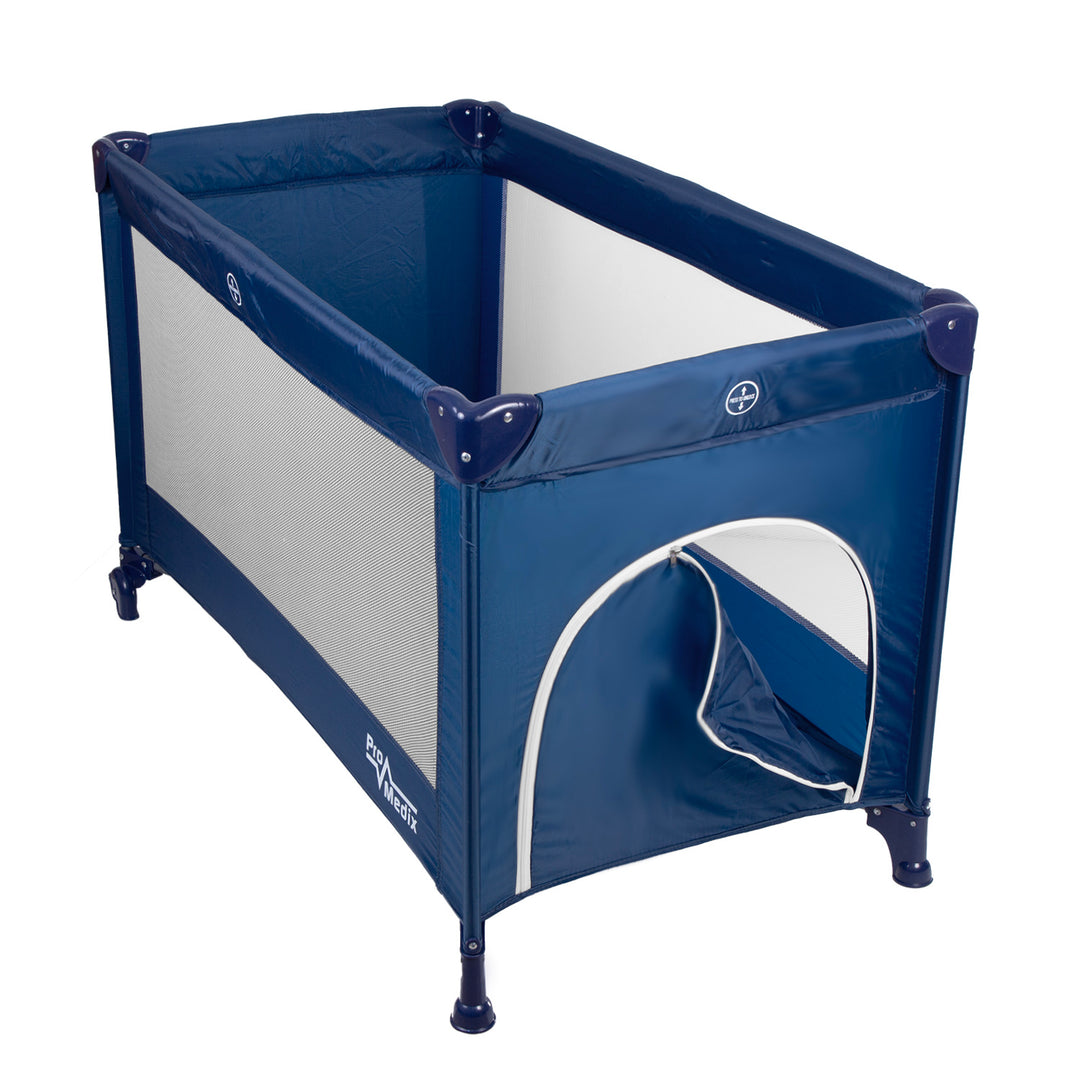 Promedix Modell PR-803 B Kompaktes Reisebett 125x65x74cm Kinderbett in Blau mit Rollen und Schutzhülle, Leicht zu Transportieren und Ideale Schlafstätte für Unterwegs