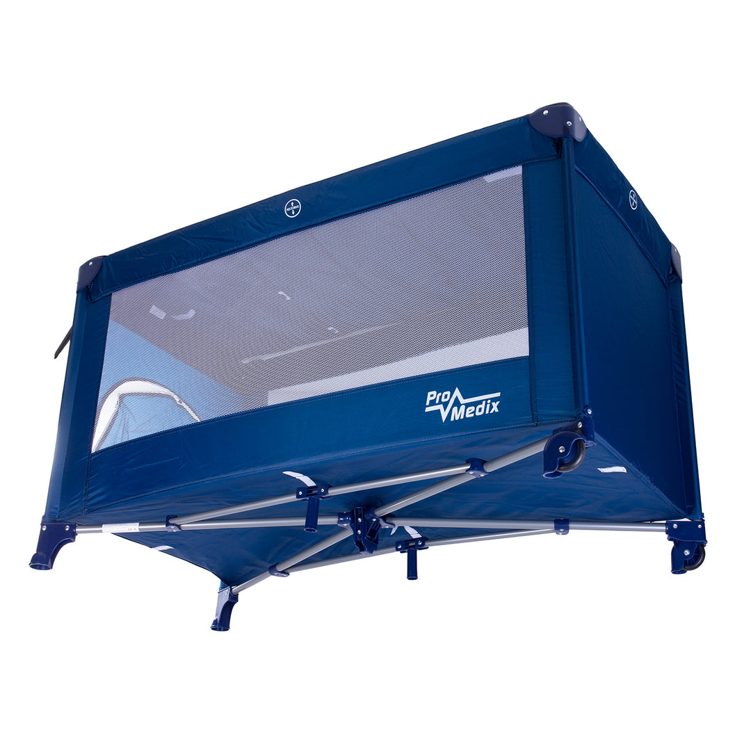 Promedix Modell PR-803 B Kompaktes Reisebett 125x65x74cm Kinderbett in Blau mit Rollen und Schutzhülle, Leicht zu Transportieren und Ideale Schlafstätte für Unterwegs