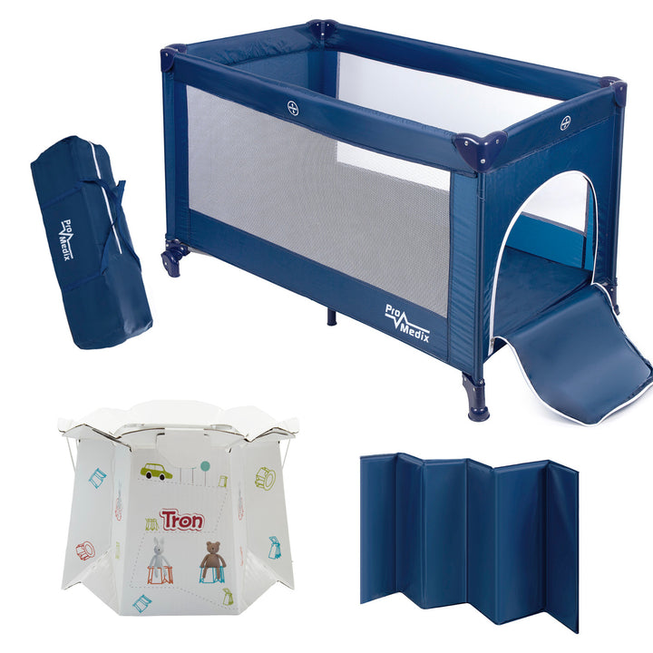 Promedix Modell PR-803 B Kompaktes Reisebett 125x65x74cm Kinderbett in Blau mit Rollen und Schutzhülle, Leicht zu Transportieren und Ideale Schlafstätte für Unterwegs