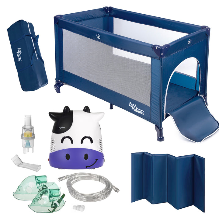 Reisebett Promedix, 125x65x74cm, blau, Rollen, Schutzhülle, PR-803B + Baby Fudge Inhalator PR-810