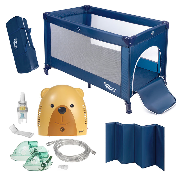 Reisebett Promedix, 125x65x74cm, blau, Rollen, Schutzhülle, PR-803B + Babybär-Inhalator PR-811