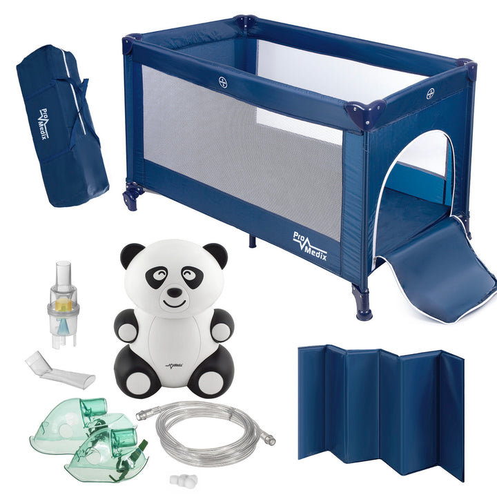 Reisebett Promedix, 125x65x74cm, blau, Rollen, Schutzhülle, PR-803B + Baby-Inhalator Panda PR-812